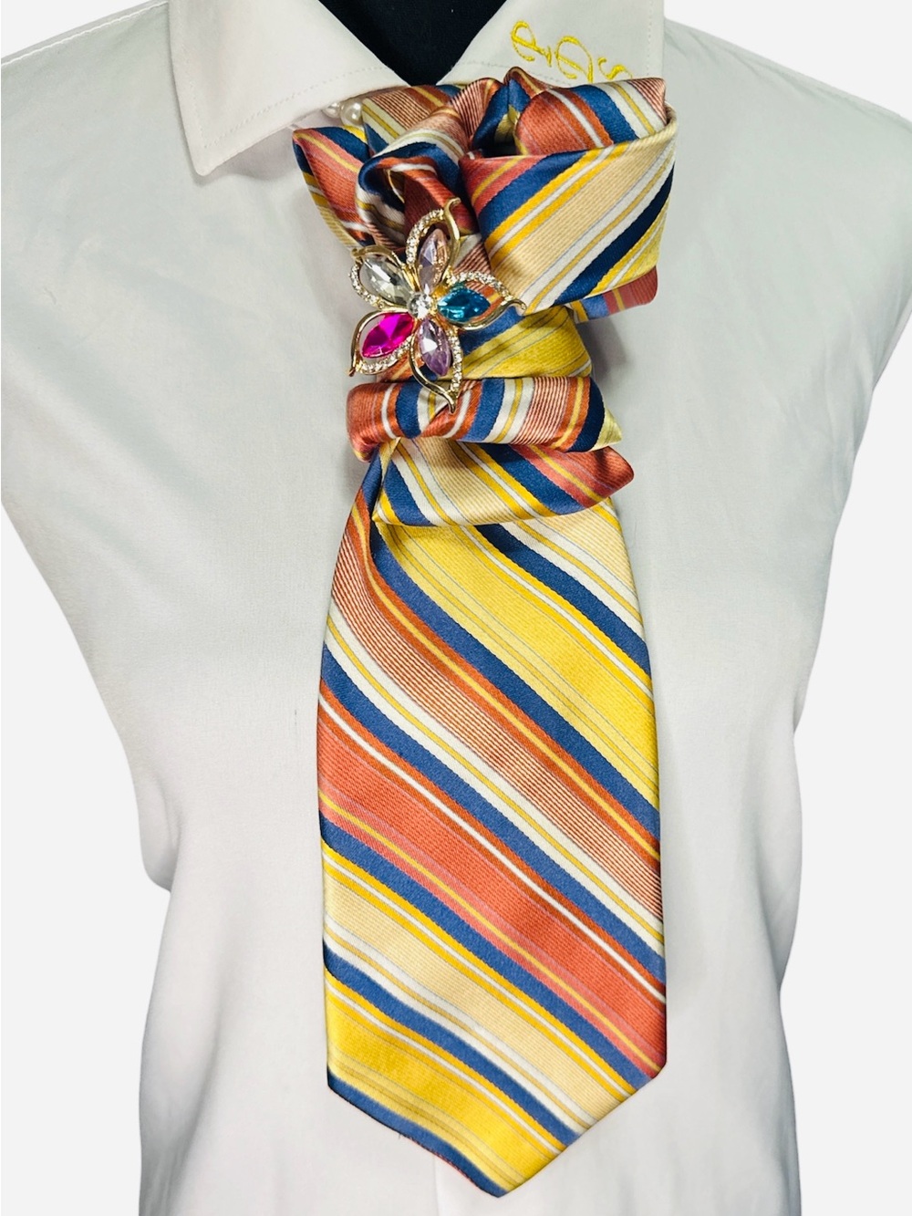 Jones New York Multicolor Striped Ribbon Necktie with Jewel Flower Brooch
